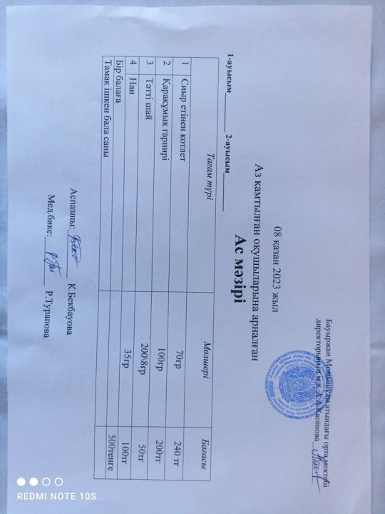 Бауыржан Момышұлы атындағы орта мектебінде  мектеп оқушыларын бір мезгіл ыстық тамақпен қамтылу. 