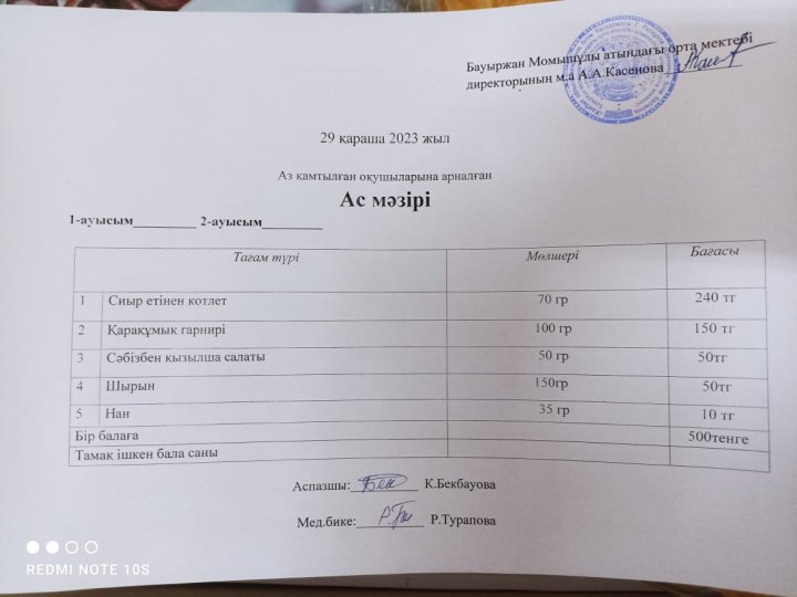 Бауыржан Момышұлы атындағы орта мектебінде  мектеп оқушыларын бір мезгіл ыстық тамақпен қамтылу. 